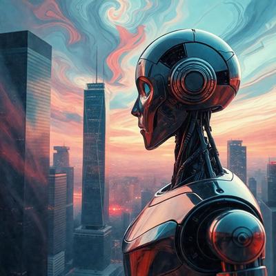 Primary subject: A robot with a futuristic design.

Setting/background: The robot is standing in front of a city skyline, with a tall building in the background.

Visual style: The image is a digital artwork, featuring a robot with a metallic appearance.

Colors and mood: The colors in the image are predominantly silver and red, creating a futuristic and dynamic atmosphere.
